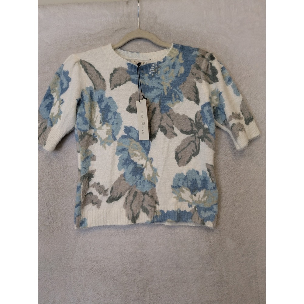 NEW Rachel Zoe Sweater Women's XS White Blue Floral Short Sleeve Fuzzy Puff